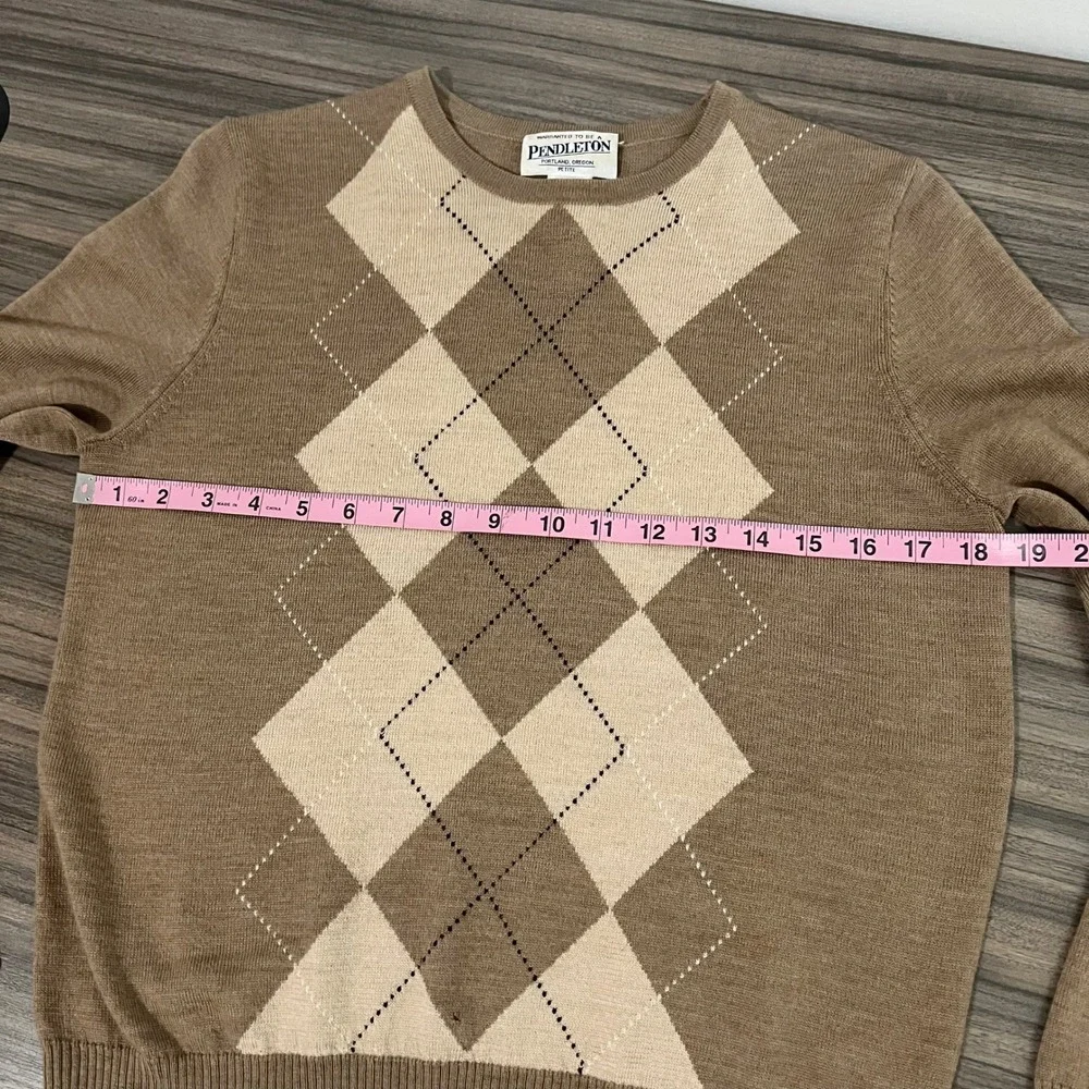 Pendleton Womens Petite S‎ Argyle Merino Wool Sweater Brown Tan Crew Neck 2198